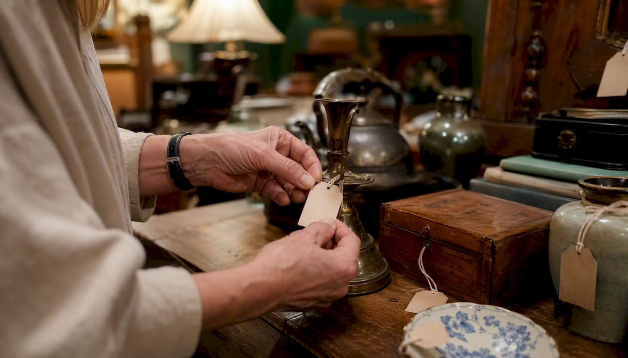 Hands attaching price tag at estate sale