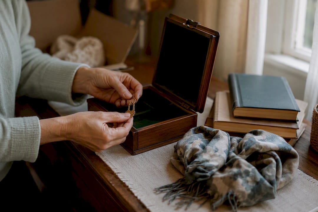 Hands sorting keepsakes and donations carefully