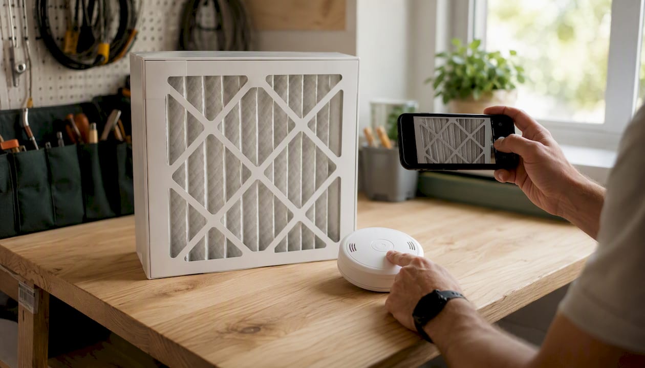 Hands photographing HVAC filter and smoke alarm test