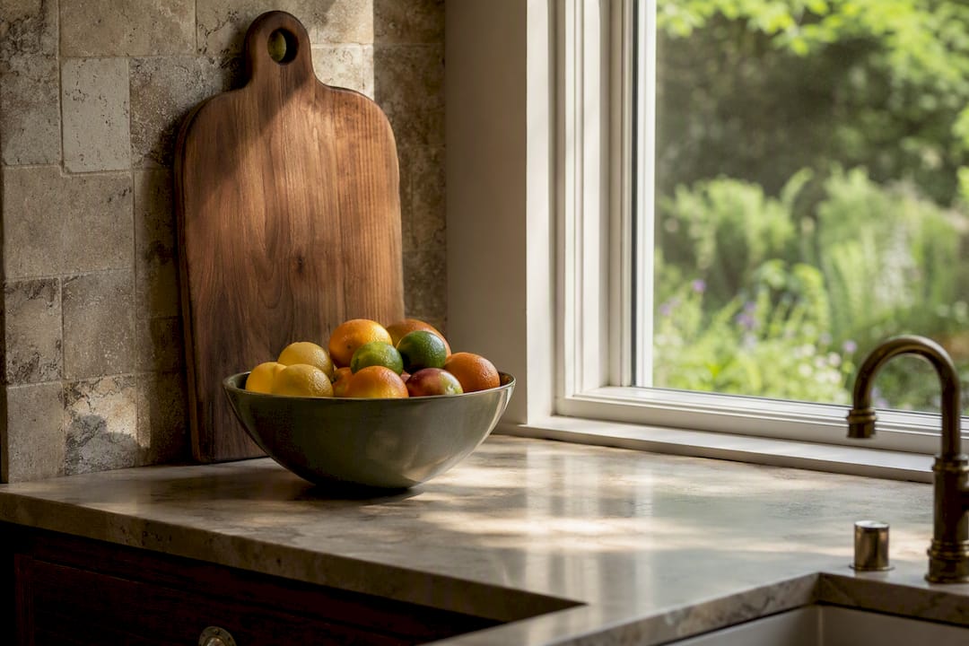 Minimalist kitchen counter with cutting board and fruit bowl