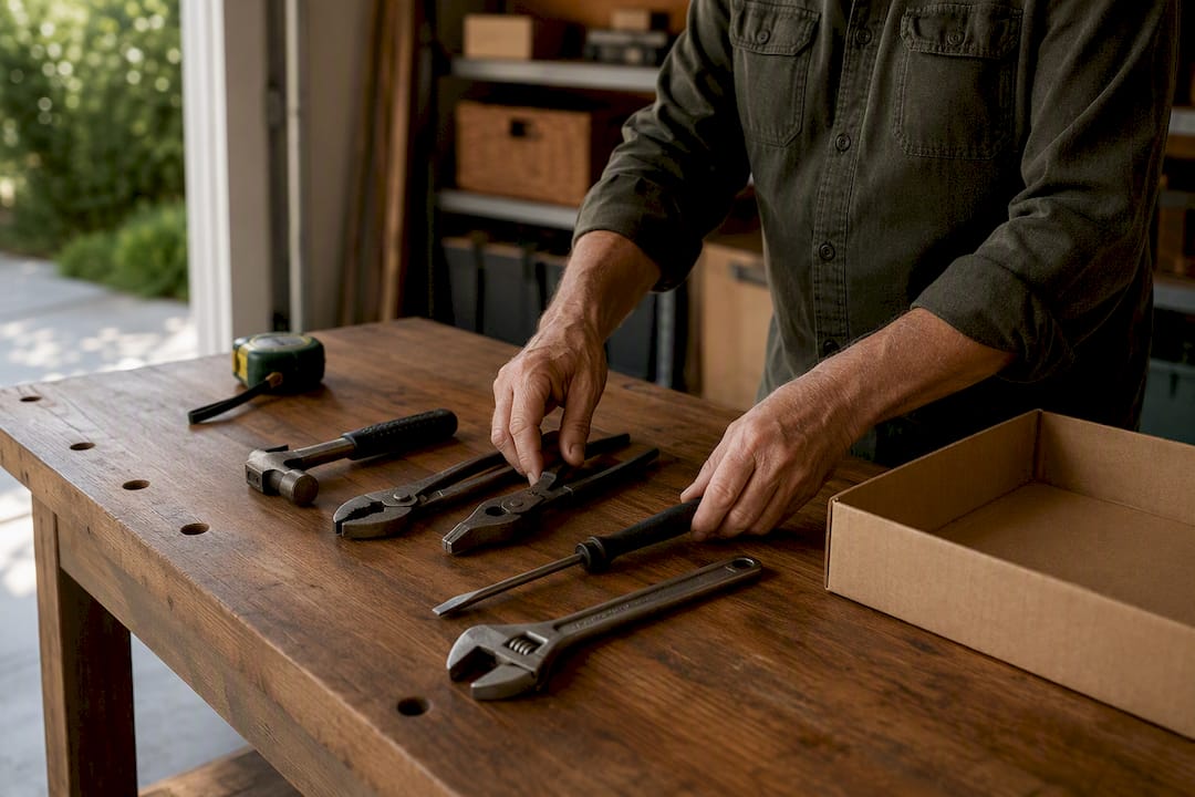 Hand tools arranged for estate sale evaluation