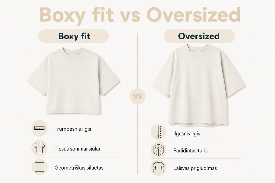 Infografikas, kuriame aiškiai pateikiami pagrindiniai skirtumai tarp laisvo „boxy fit“ ir itin plataus „oversized“ silueto.