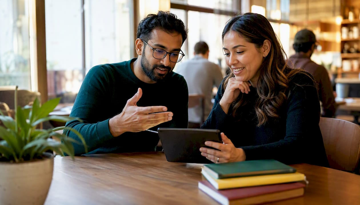 Two specialists reviewing validation artifacts on tablet