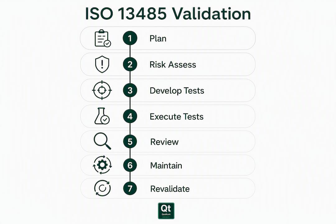 Infographic showing ISO 13485 validation lifecycle steps