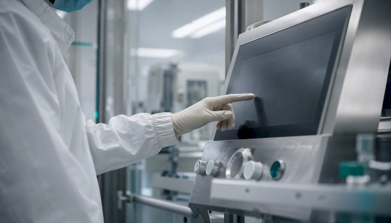 Gloved hand on manufacturing cleanroom control panel