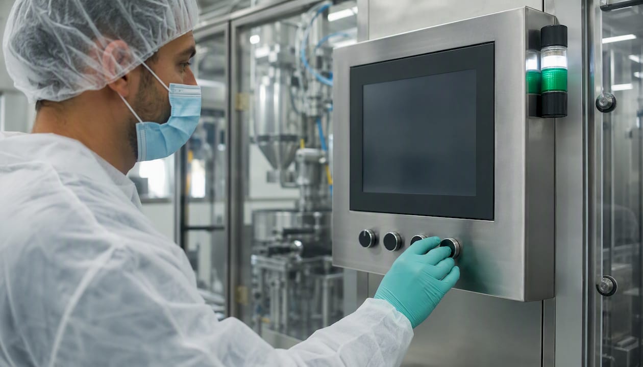 Gloved hand adjusting pharma machine control panel