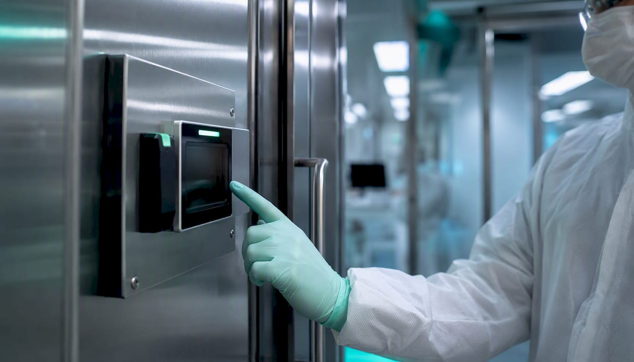 Gloved hand operating secure access panel in lab