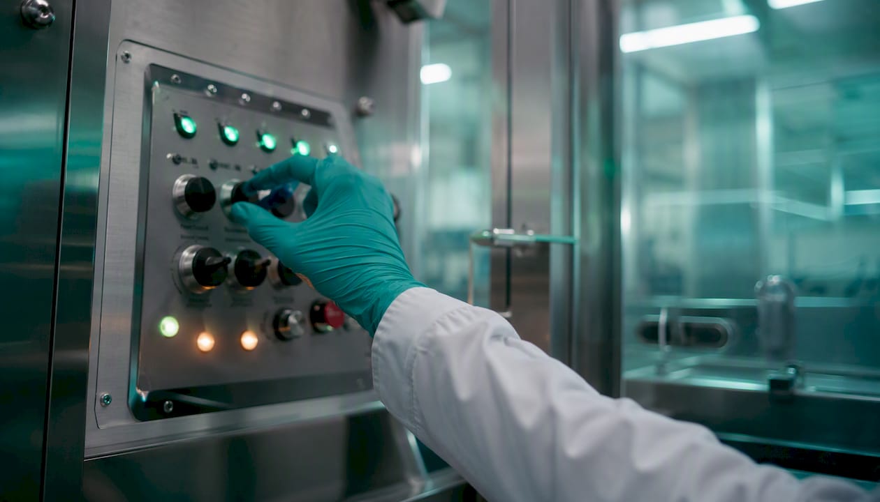 Gloved hand tuning biotech lab instrument controls