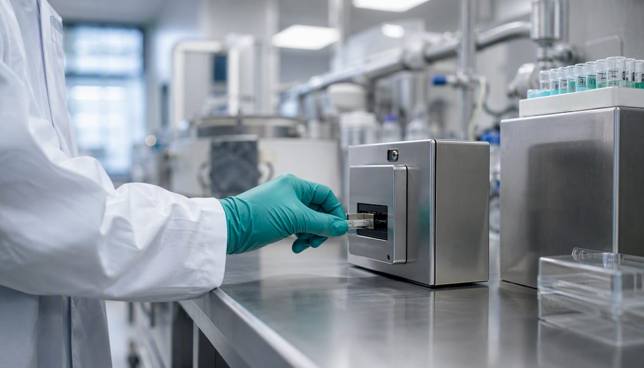 Gloved hand with audit trail device in pharma lab