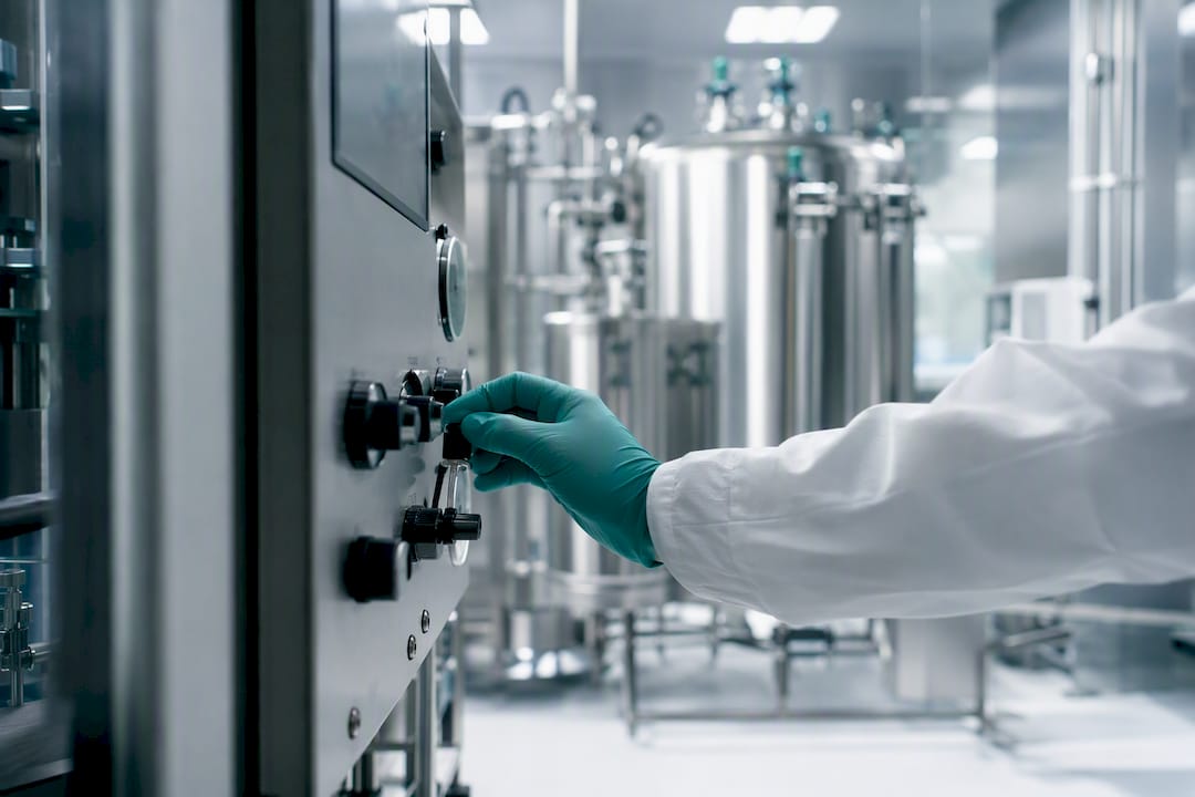 Gloved hand adjusting biotech validation equipment dial