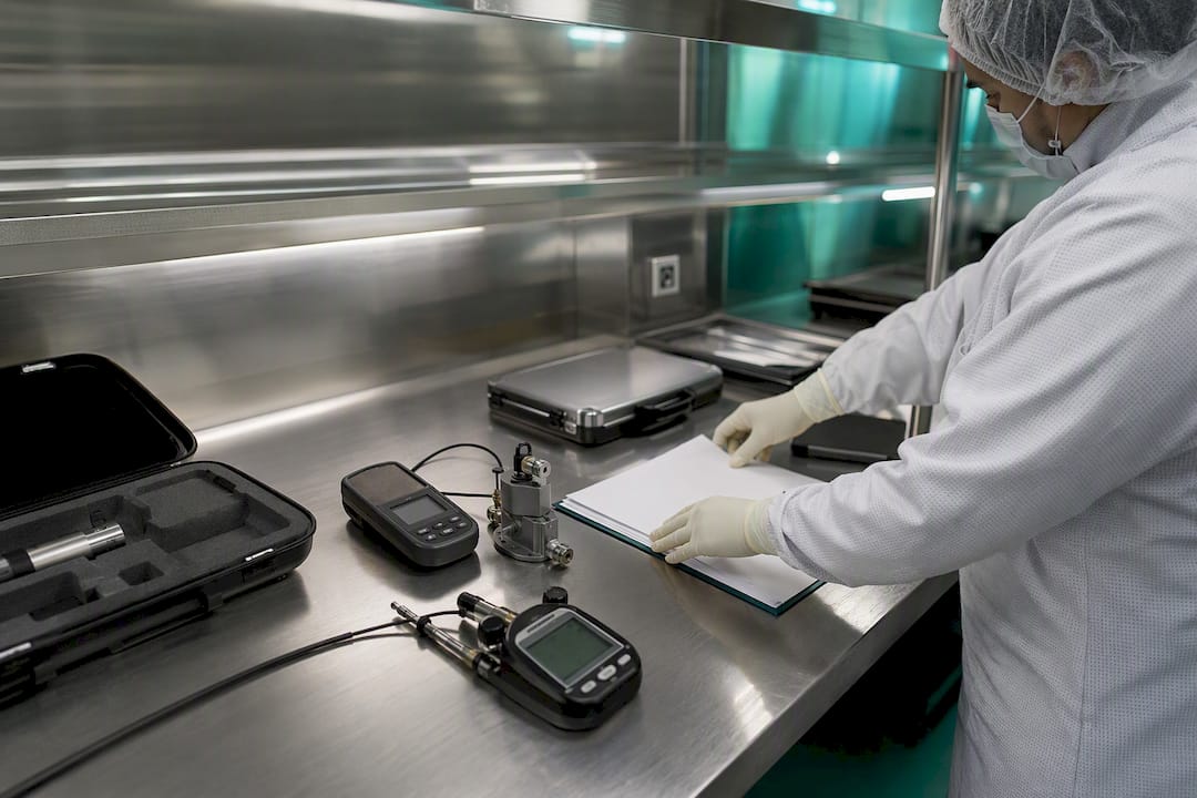 Technician hands preparing calibration devices in pharma lab