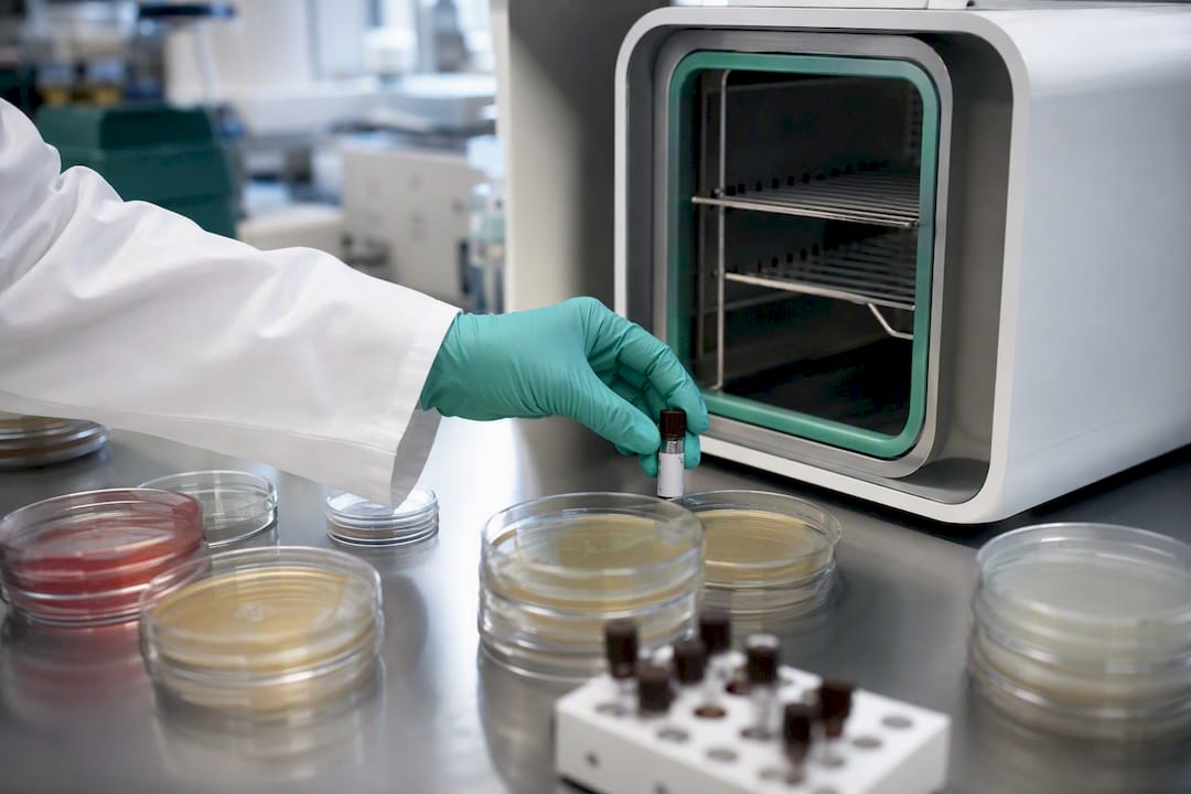 Biological indicators and testing instruments on lab bench