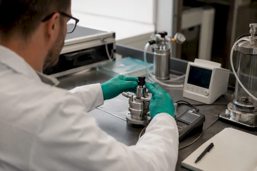 Gloved hand adjusting validation instruments during risk assessment