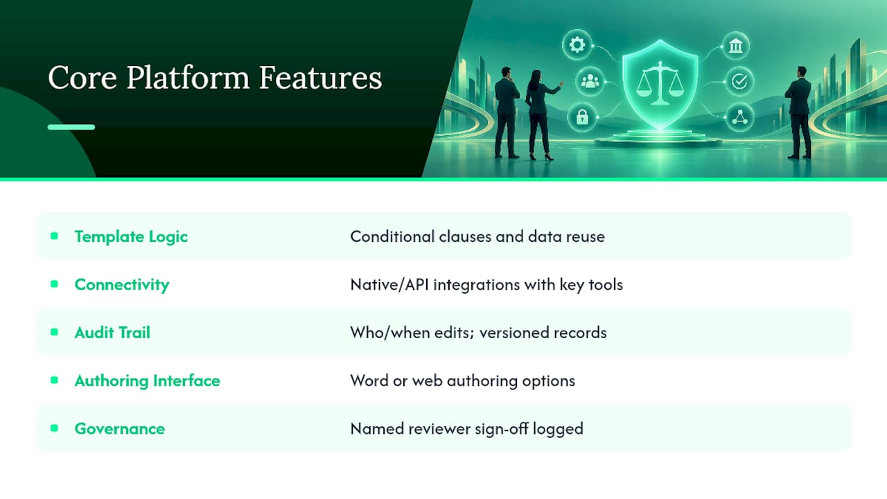 Five legal automation platform feature areas