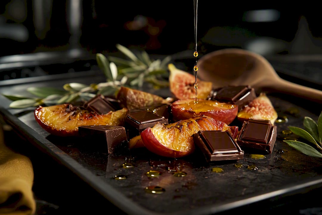 Chocolate negro con fruta asada y aceite de oliva virgen extra