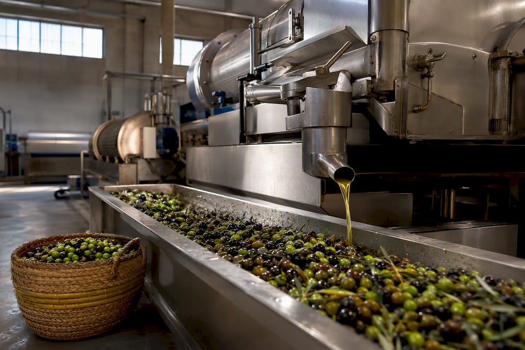 Aceitunas entrando en la máquina de extracción