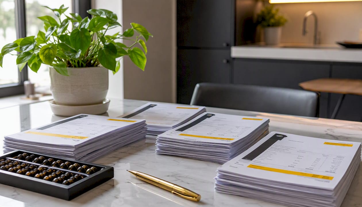 Top-down view of organized invoice attachments
