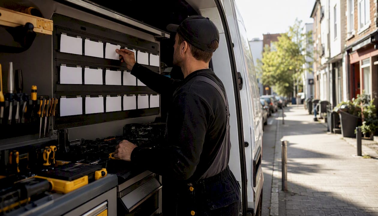 Technician hands organizing tools and schedules in van