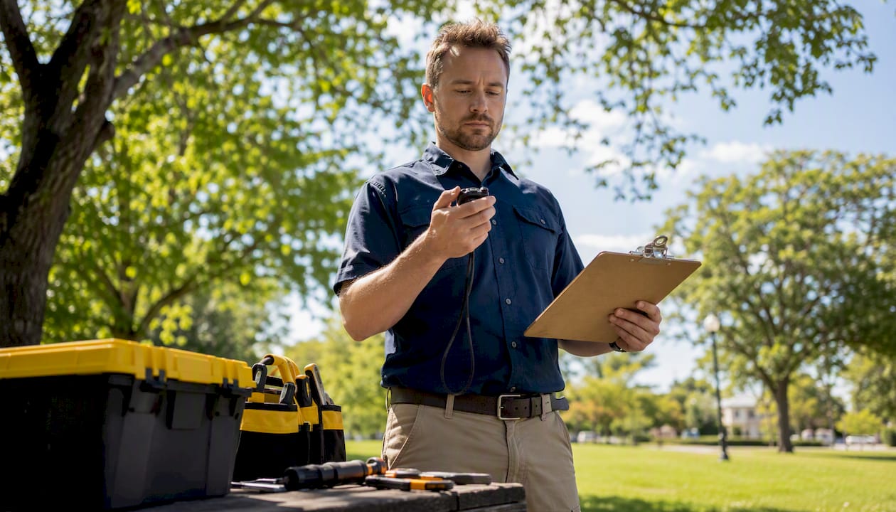 Technician measuring time with tools outdoors