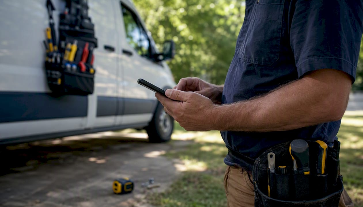 Technician sending follow-up email on smartphone