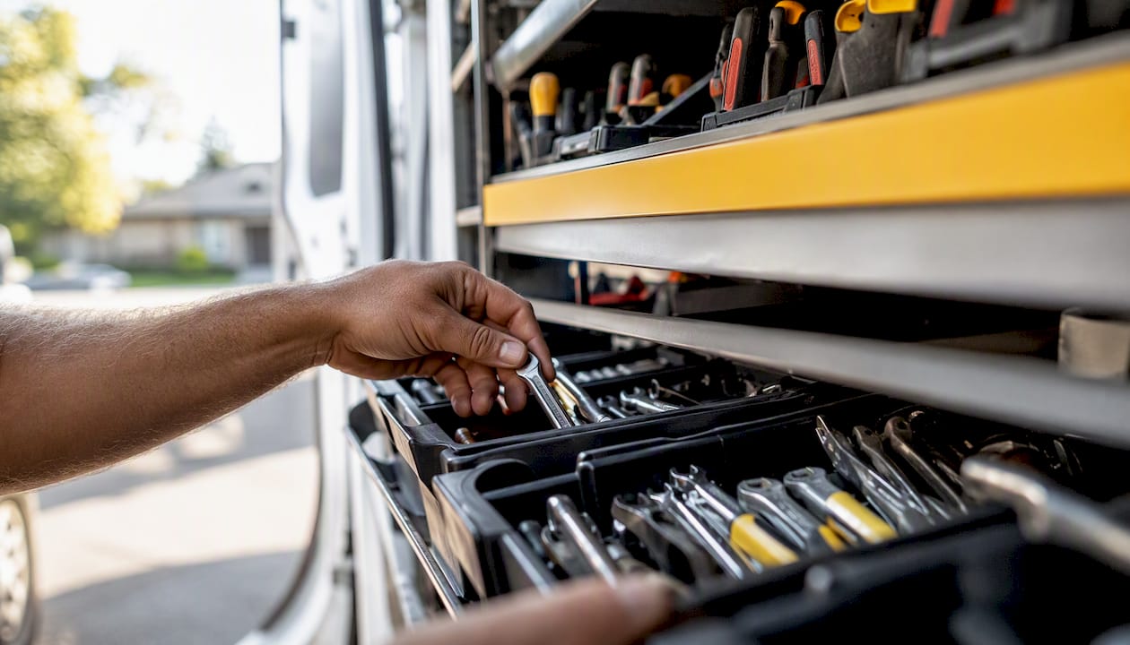 Technician hands selecting tool in service van
