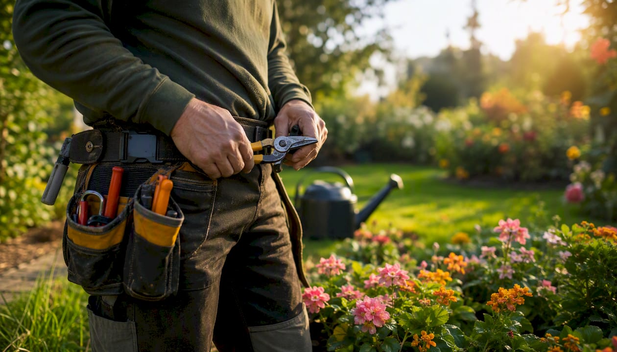 Landscaping technician hands preparing tools outdoors