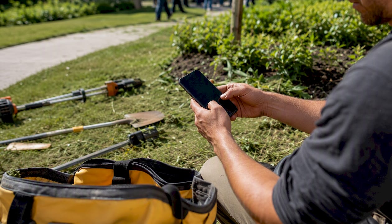 Hands sending invoice on mobile device outdoors