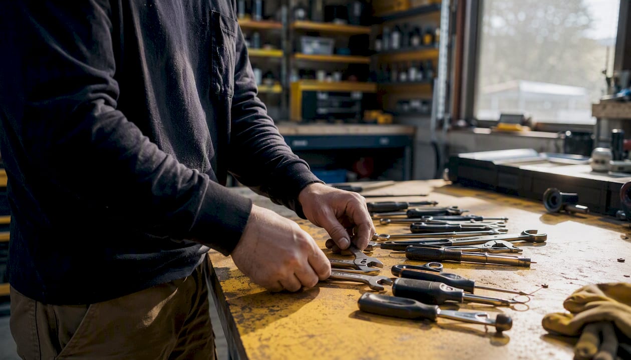 Technician hands arranging tools in service van