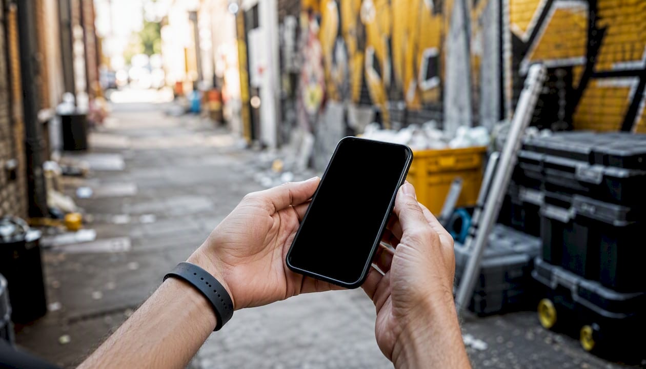 Technician hands holding mobile phone with screen off