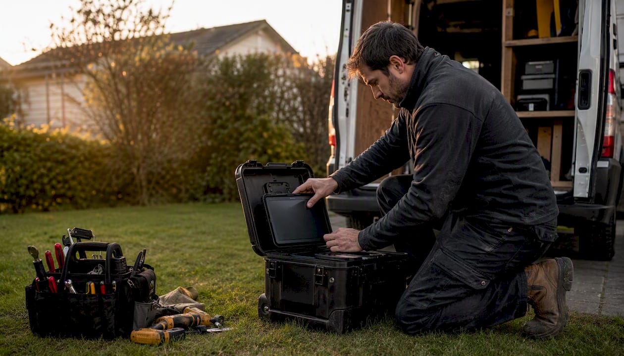 Technician securing tablet after job completion