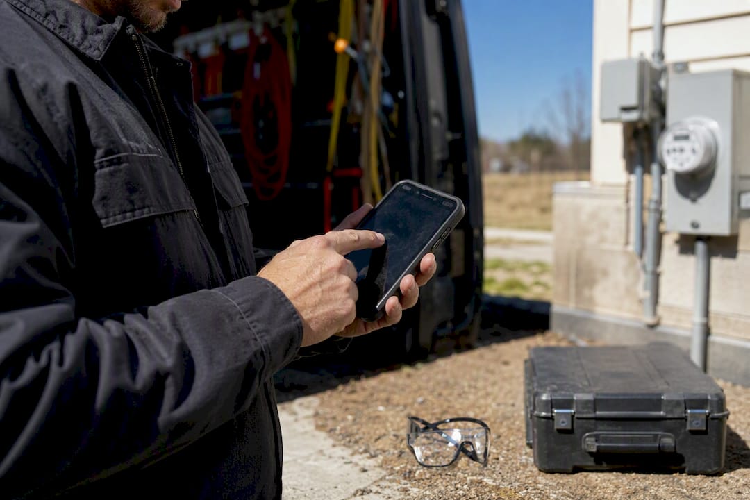 Technician hands using mobile device at plumbing job site