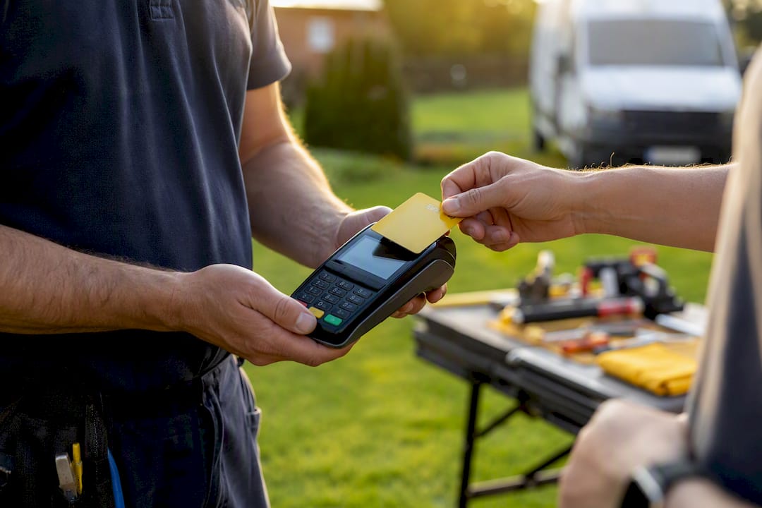 Hands tapping card on payment device outdoors