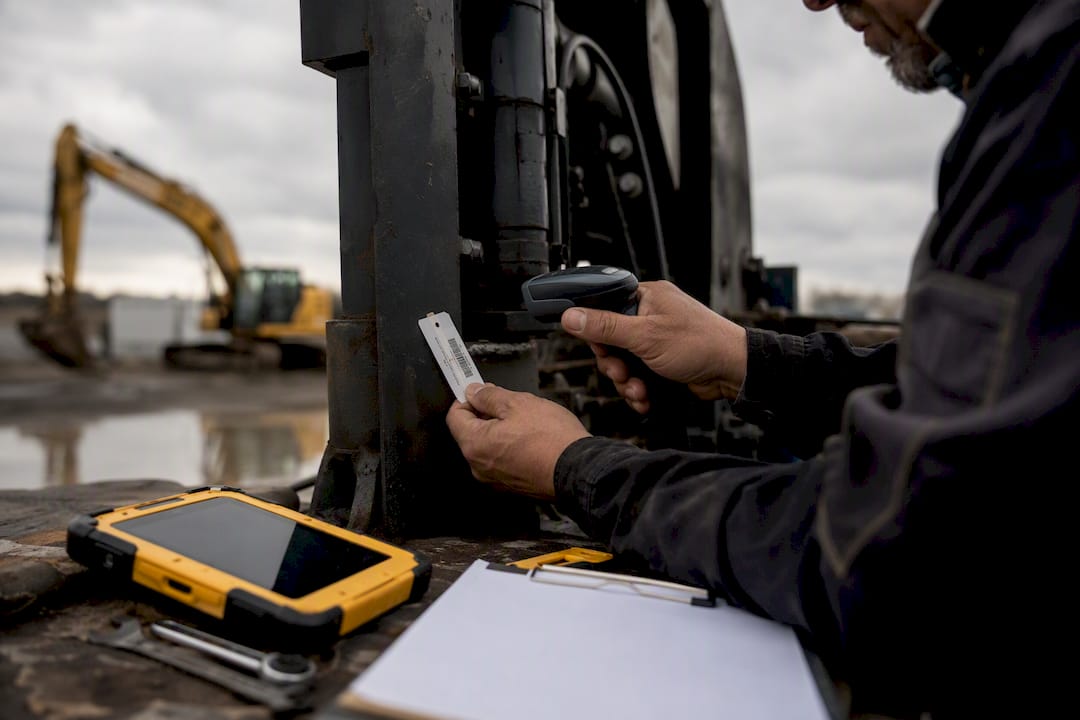 Technician scanning equipment tag outdoors