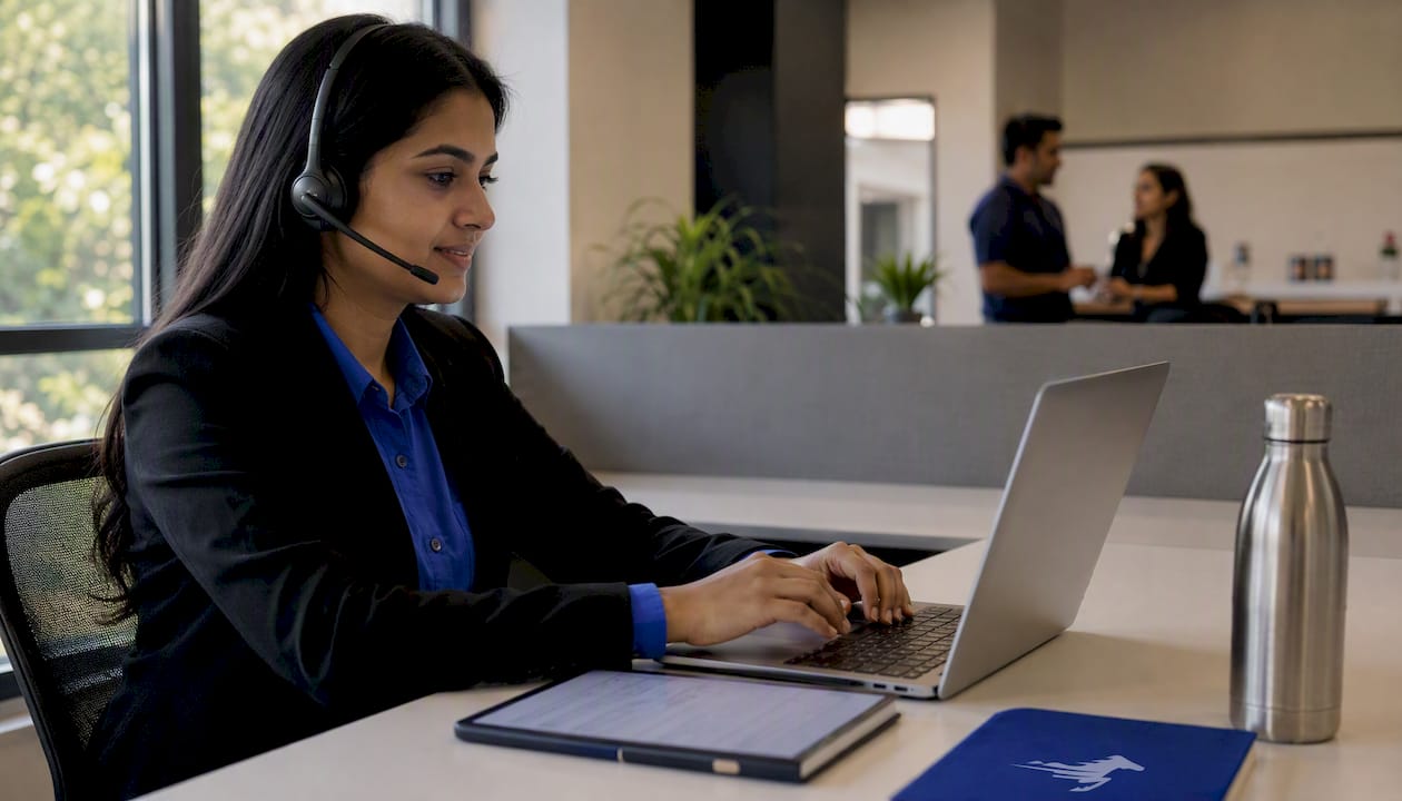 Woman qualifying roofing leads in call center