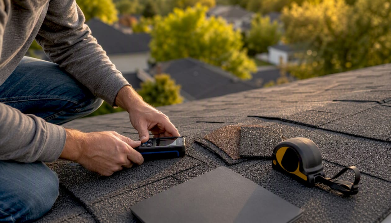 Estimator arranging roofing tools on roof
