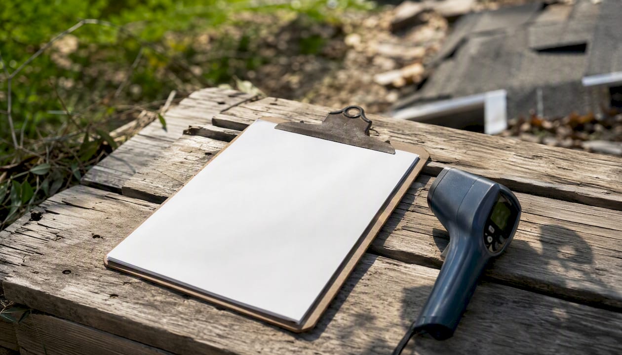 Inspection tools on clipboard and rooftop background
