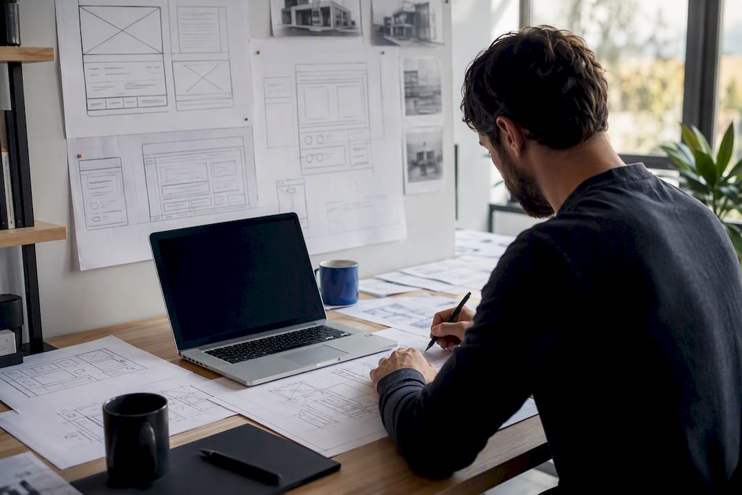 Work desk with roofing website design materials