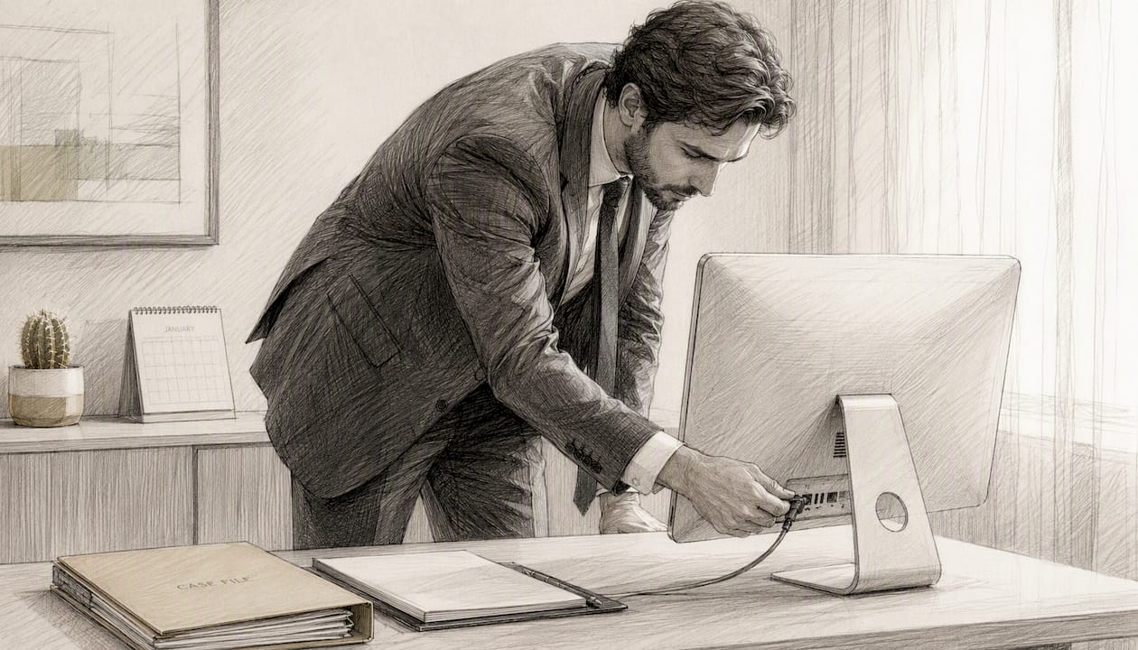 Hands unplugging network cable at office desk
