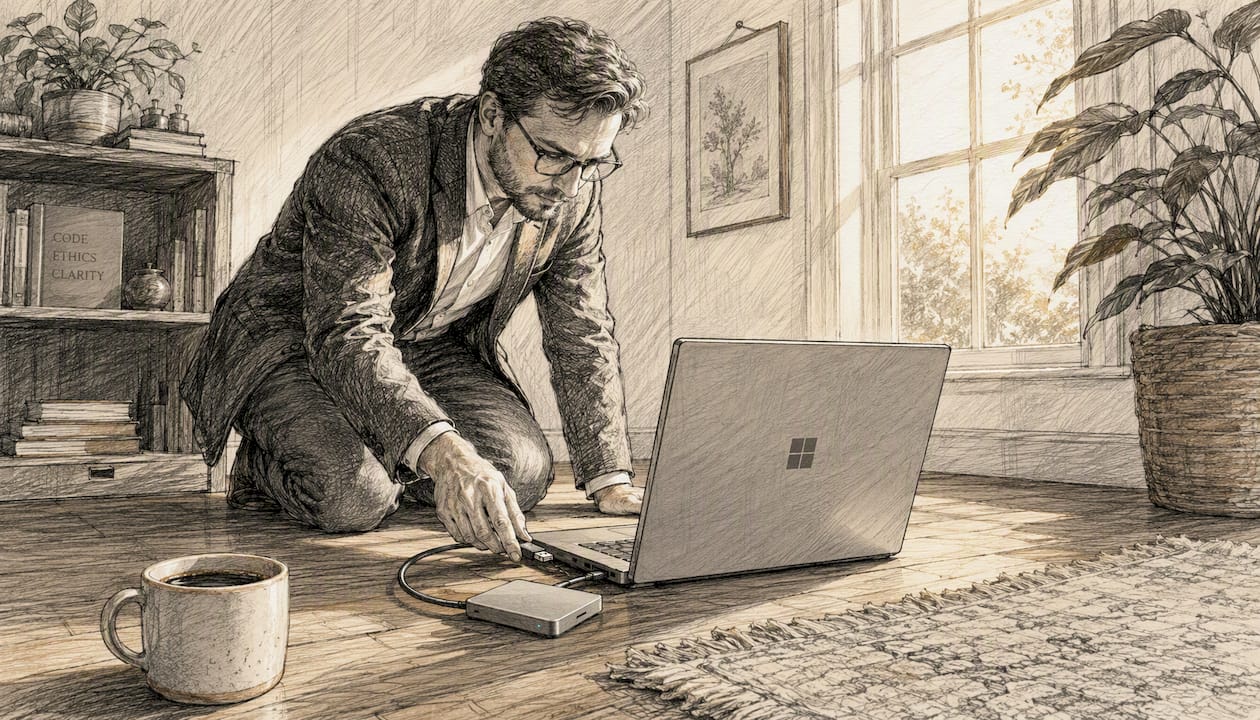 Hands connecting hardware for local AI setup on laptop