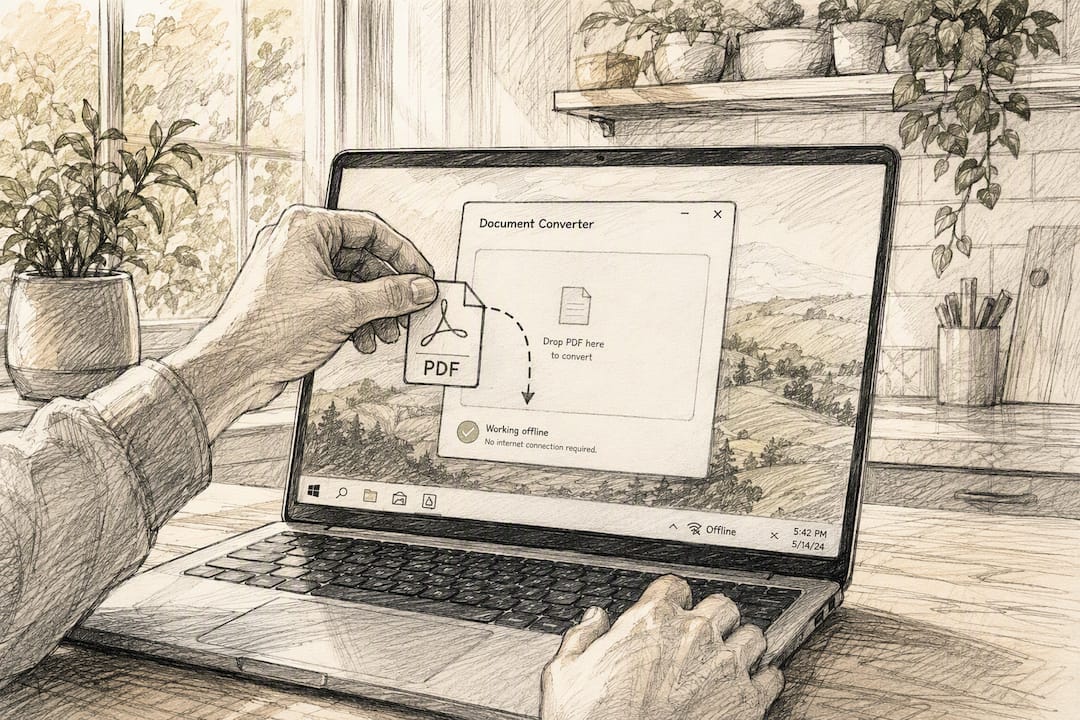 Hands dropping PDF file onto offline AI app