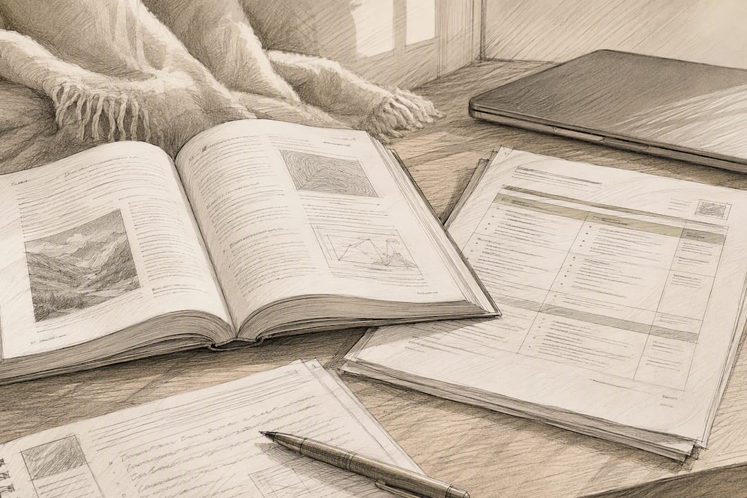 Scanned textbook page and syllabus on study desk