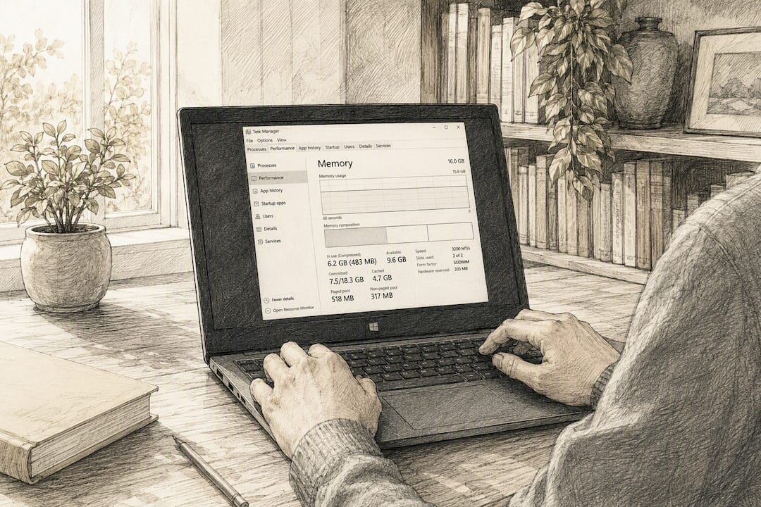 Hands checking RAM on laptop in study nook