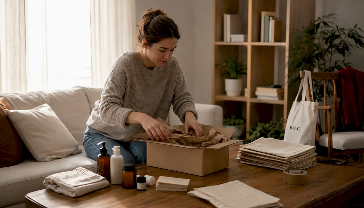 Mit viel Sorgfalt werden nachhaltige Bestellungen für den Versand verpackt.