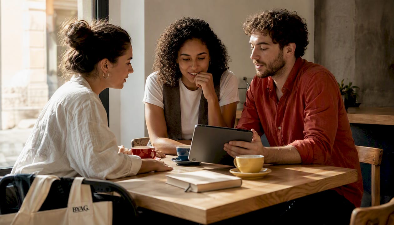 In einem gemütlichen Café tauschen sich mehrere Leute angeregt über das Thema Käuferschutz aus – sie diskutieren Erfahrungen, stellen Fragen und geben Tipps, wie man beim Online-Shopping auf der sicheren Seite bleibt.