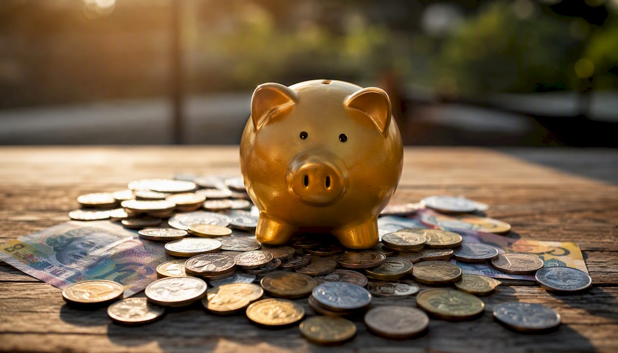 Golden piggy bank with Australian currency