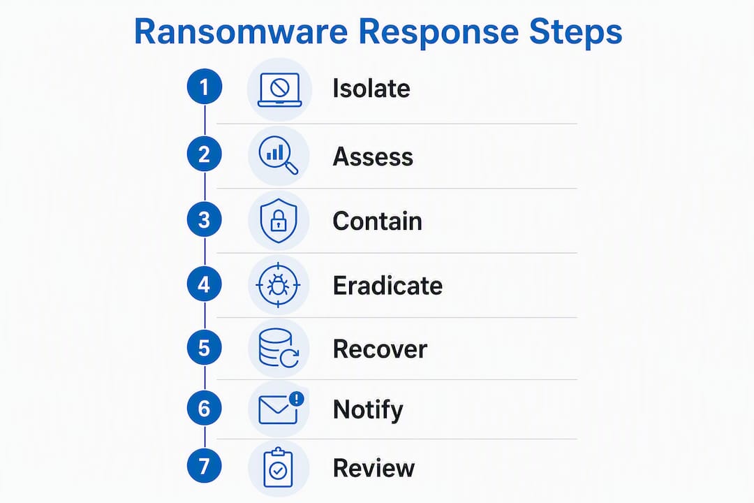 Infographic showing ransomware response step-by-step process