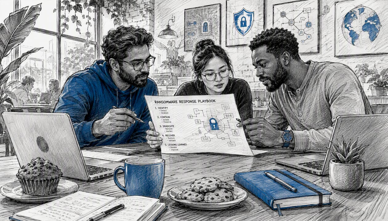 IT team reviewing ransomware playbook in conference room
