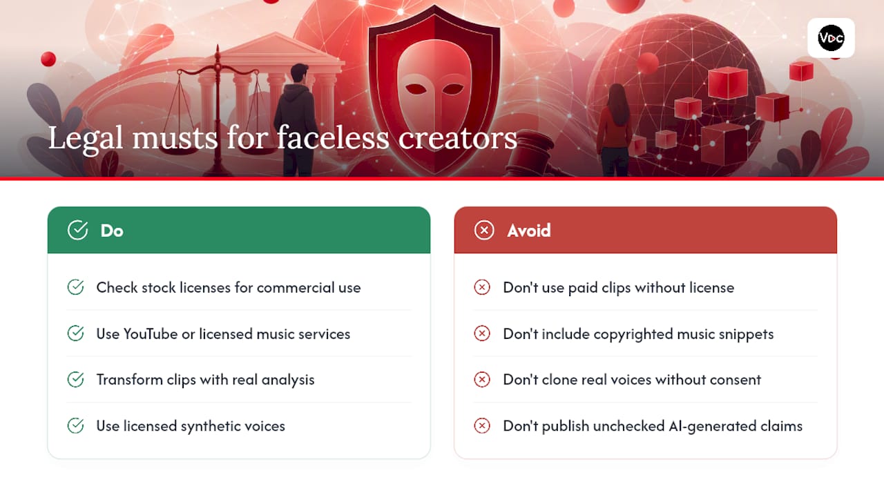 Legal and Copyright Rules Faceless Creators Can't Skip — overview diagram