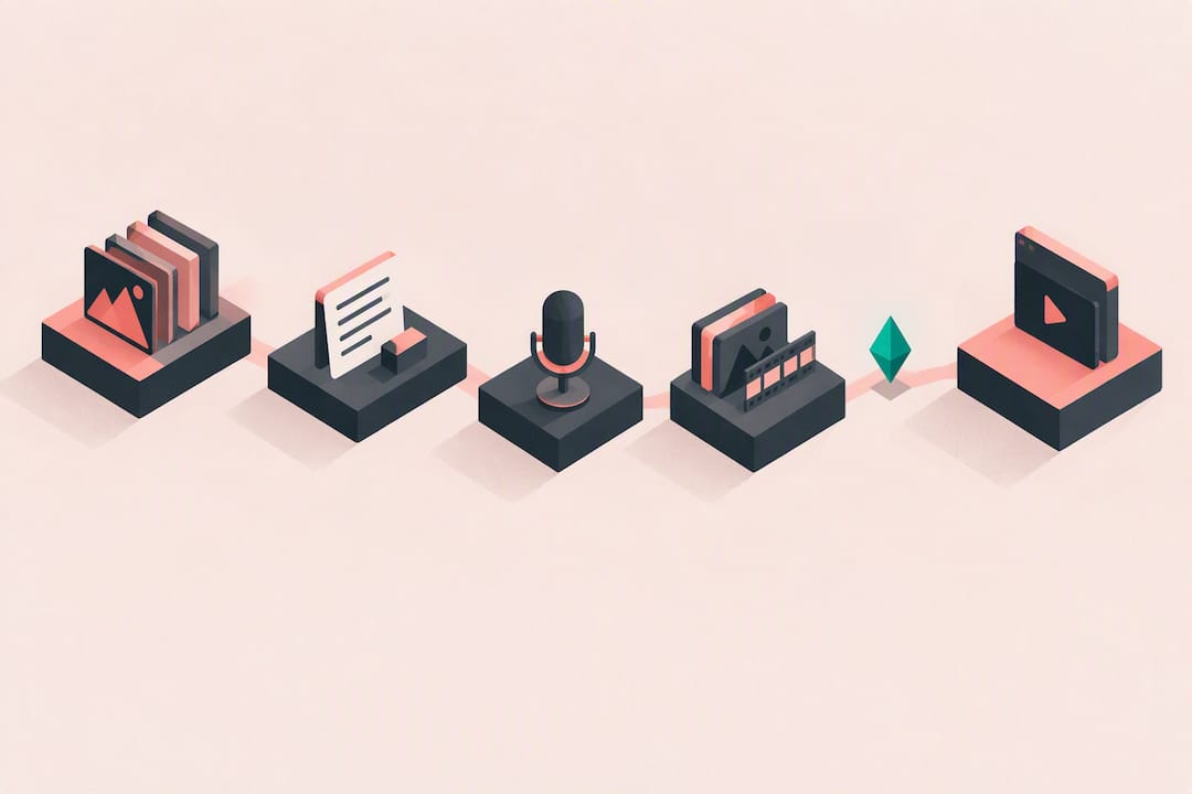 Isometric creator workflow with editorial checkpoint