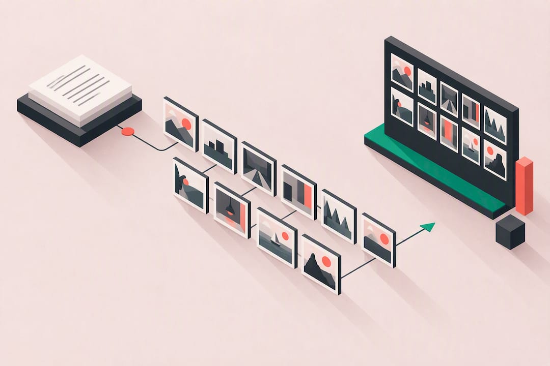 Isometric script-to-storyboard panel sequence